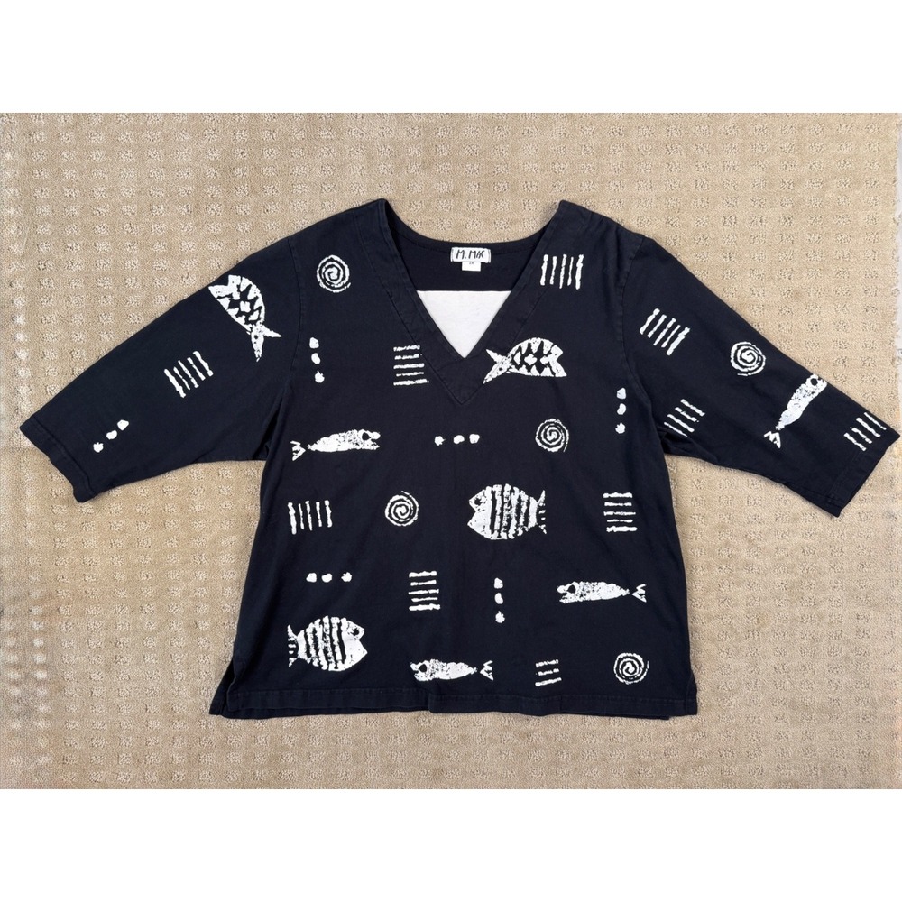 Woman's 2X M Mac Fish Print V Neck Black White Shirt 100% Cotton Tunic Top #1192